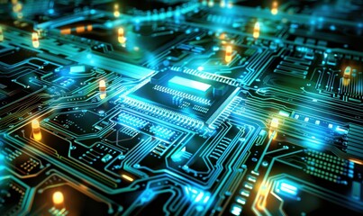Obraz premium Abstract computer circuit board close up with glowing electronic pathways