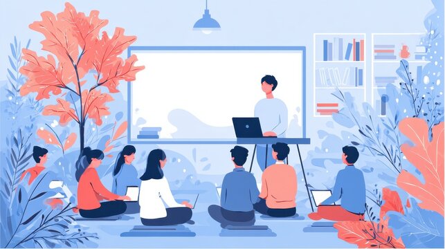 Students with laptops sitting around lector behind interactive board. Digital classroom, flipped class, blended learning and smart classroom. Modern education concept.Living coral blue vector, no log