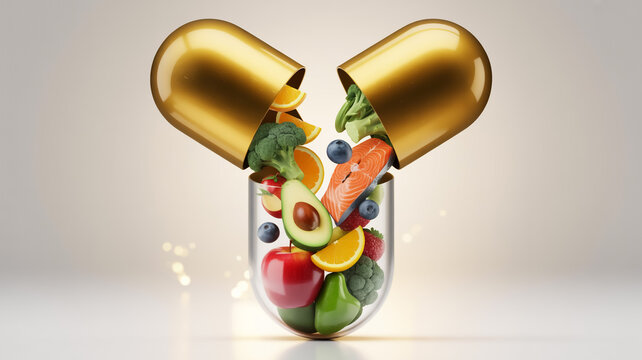 Gold-colored pharmaceutical capsule split in half at the bottom, with the interior filled with fresh fruits and vegetables. - Powered by Adobe
