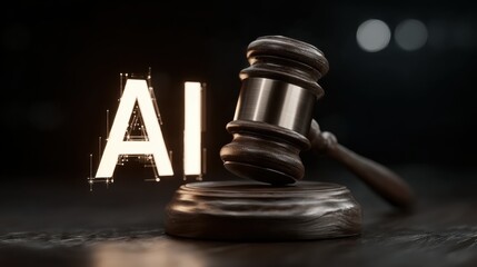 Wooden judge gavel resting on its sounding block with large AI lettering displayed on a screen in the background, symbolizing artificial intelligence in legal and justice matters