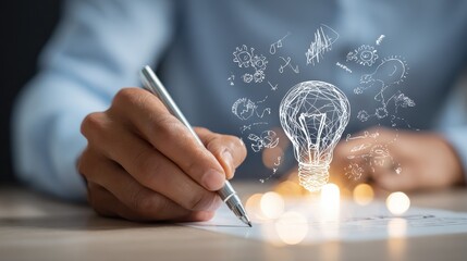 businessman hand drawing creative business strategy with light bulb as concept and bokeh exposure, no logos, no brands