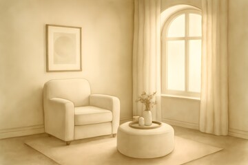 Serene Minimalist Lounge with Plush Armchair and Soft Natural Light — Watercolor Printable Interior Decor