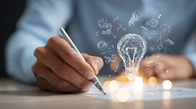 businessman hand drawing creative business strategy with light bulb as concept and bokeh exposure, no logos, no brands