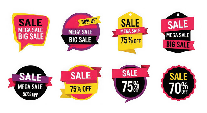 Collection of colorful sale and discount tags with percentages off