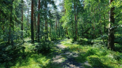 Fototapeta premium Picture of summer day green forest landscape AI generative
