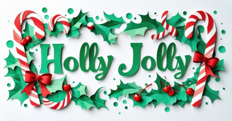 Obraz premium Papercraft design features Holly Jolly text. Red, green foliage, candy canes create festive holiday scene. Bright colors, detailed cutouts.