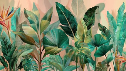 Tropical foliage art background vector.Digital print design with palm, floral and leaves with watercolor brush texture. Canvas art for wallpaper, wall arts, prints, fabric, pattern and packaging., no