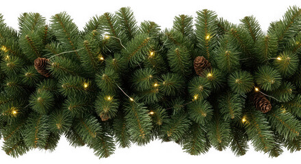 Festive green christmas garland with warm white lights and pinecones