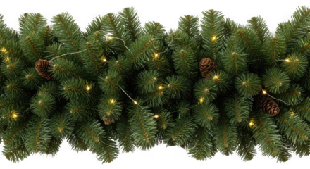 Festive green christmas garland with warm white lights and pinecones
