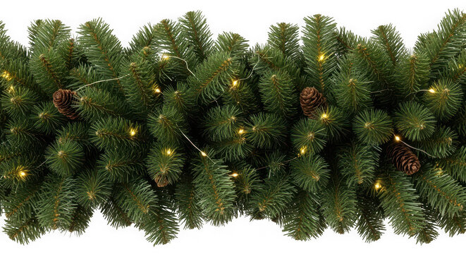 Festive green christmas garland with warm white lights and pinecones - Powered by Adobe
