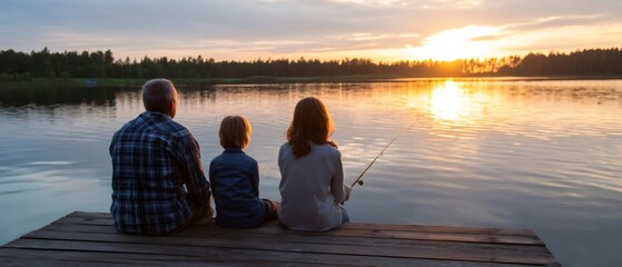 Family fishing at sunset, creating memories on the dock