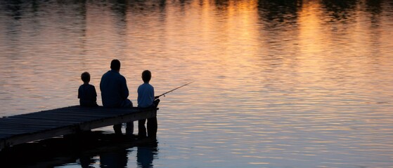 Family fishing from dock at sunset, father and sons enjoying relaxing moment