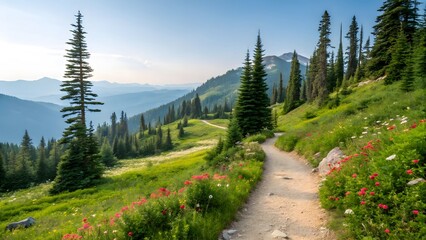 Obraz premium A beautiful mountain trail winds through vibrant green pine forests and blooming wildflowers. With clear skies above, this peaceful path invites exploration and summer adventure. 