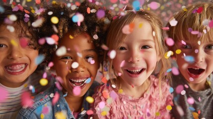 Smiling multicultural group of kids having fun with confetti during friend's birthday, no logos, no brands