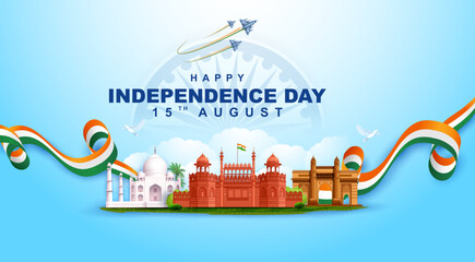 Naklejka na ściany i meble Famous Indian monument and Landmark for Happy Independence Day of India for Happy Independence Day of India