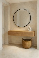 Refined Minimalist Entryway with Floating Wood Console and Ceramic Decor — Watercolor Printable Interior Design Art