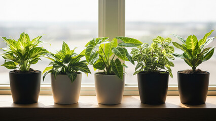 Fototapeta premium Desk plants in a row on windowsill symbolizing diverse growth, individuality, and harmony in business teamwork concept