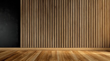 Acoustic fluted wood panel wall with black cloth back material. Wooden striped background with vertical lines, shadows. Interior design, wooden floor. Modern decor, vintage style for wallpaper
