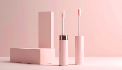 Pale pink lip gloss in minimalist packaging against blush background for beauty branding.