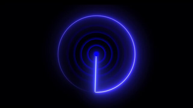 Glowing neon light blue color radar technology animation on black background. Rader searching security concept animation icon.