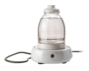 A modern white humidifier with a glass water reservoir isolated on a transparent background