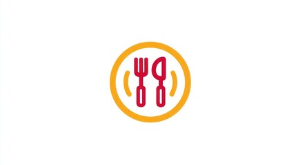 Illustration of red fork and knife on an orange plate against a plain white background