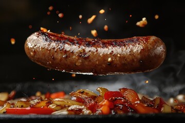 A juicy grilled sausage floating in the air, with sauteed onions and peppers cascading beside it