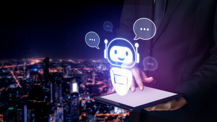 AI chatbot virtual assistant interacting with users through AI conversation bubbles, symbolizing AI...