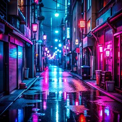 Neon lights reflect on a wet city alley at night