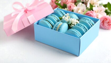 Pastel blue macarons arranged neatly in pink gift box for sweet dessert concept.