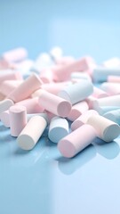 Pastel chalk pieces scattered on reflective blue floor creating colourful artistic and creative background.