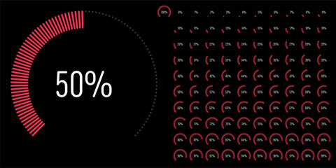 Set of circular sector arc percentage diagrams meters progress bar from 0 to 100 ready-to-use for web design, user interface UI or infographic - indicator with red