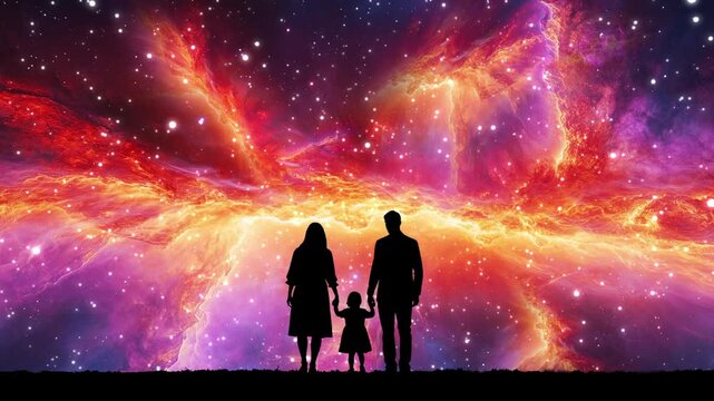 Silhouette of loving family united under bright cosmic sky symbolizes the strength of family, unconditional love and the eternal beauty of being together. Mom, dad and baby girl are holding hands,4k.