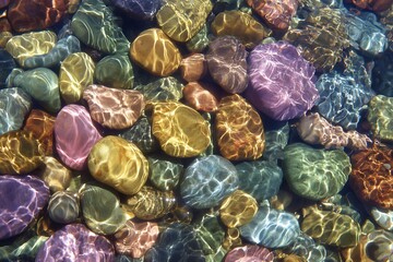 Aerial perspective of smooth pebbles in clear river  
