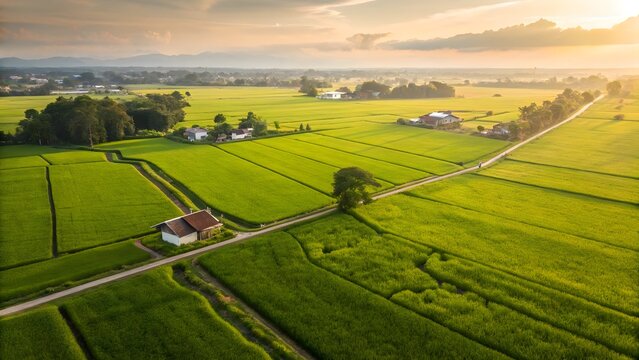 Lush rice paddy fields captured in an aerial view during summer. The green symmetry and geometric layout highlight natural farming beauty and rural life. Ideal for agricultural and cultural stock visu - Powered by Adobe
