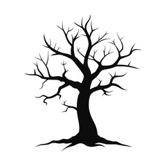 Black silhouette of a bare tree isolated on white background