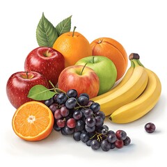 Fresh, ripe, organic fruits and berries, including apple, grape, and citrus, isolated on a white background, perfect for a healthy diet