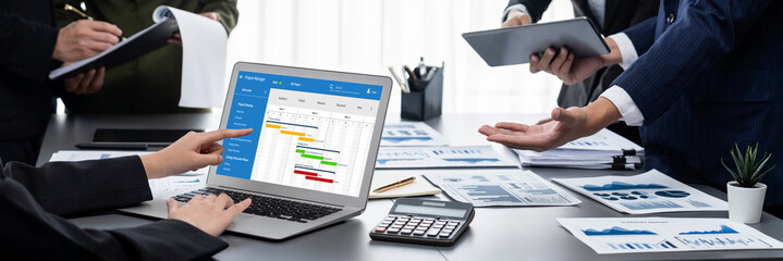 Project planning software for brisk business project management on the computer screen showing...