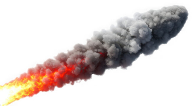 Fiery rocket exhaust trail with smoke against black background