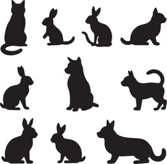 Pet Animal Silhouettes Set  Cats, Dogs, Rabbits Icons