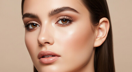 Fototapeta premium Radiant young woman with flawless skin and natural makeup, showcasing beauty.