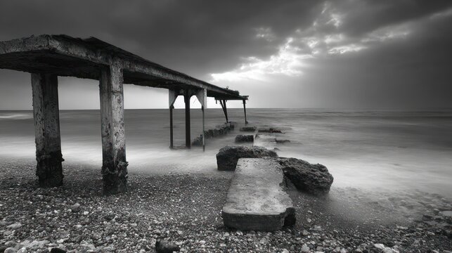 Monochrome weathered pier on a pebbled beach - Powered by Adobe