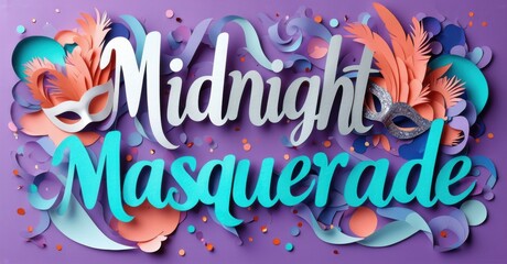 Elegant typography spells Midnight Masquerade. Colorful feathers, confetti surround text. Festive, vibrant design evokes celebration, mystery.