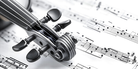 Naklejka premium Black violin scroll resting on sheet music with classical notes in close-up view