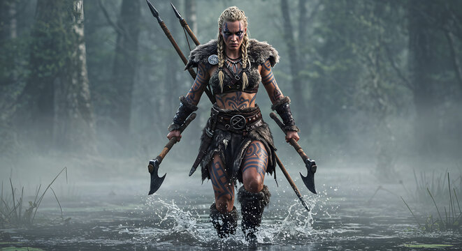 A fierce female Viking warrior with dual axes wades through a misty forest swamp.