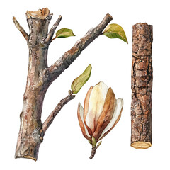 A hand-drawn illustration painting of a magnolia bark set in soft watercolor style, featuring delicate brush strokes, isolated on a white background, artistic, painted design, EPS format, plant set © sabart