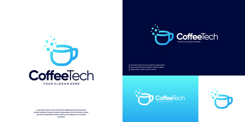 coffee logo with pixel elements, innovation, digital menu service, vector graphic design.