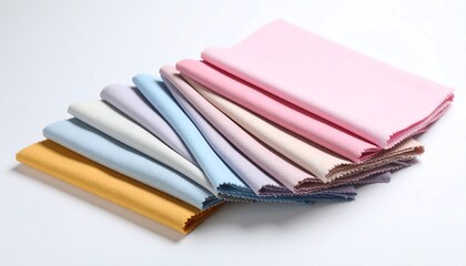 Pastel fabric swatches stacked neatly on white background showcasing soft textures and color palette for fashion and design ideas.

