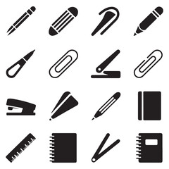 Essential office supply icons flat black style