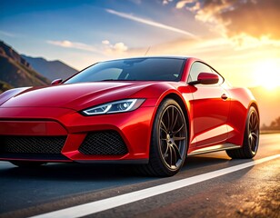 Sleek red sports car on asphalt road at sunset